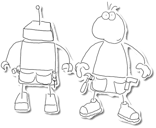 A robot worker and a person, both in tool-belts, ready to build
