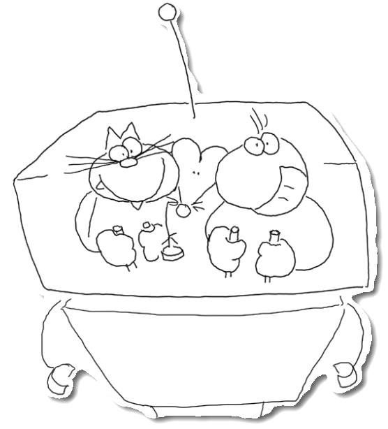 A friendly robot with a screen showing a cat and a mouse making things together