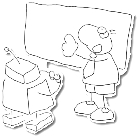 A person teaching a small robot at a whiteboard